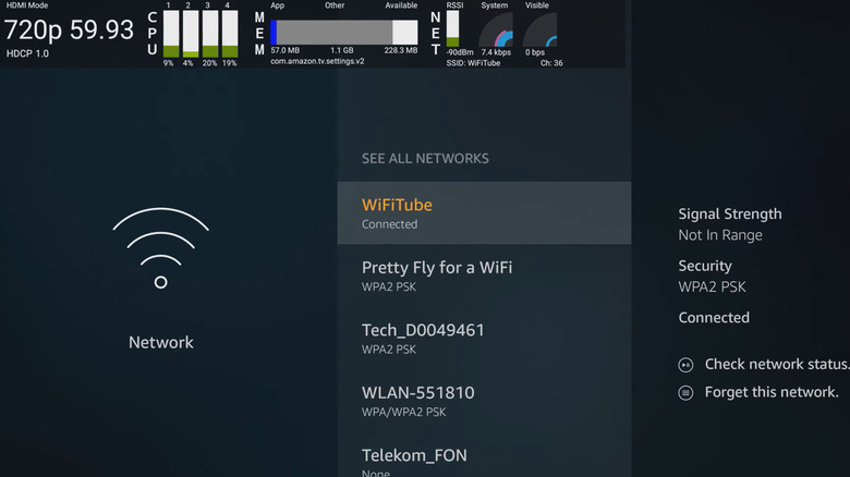 Fire TV interface showing the System X-Ray overlay with signal strength and hardware stats.