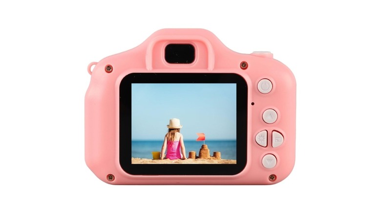 A colorful, rugged digital camera designed for children.