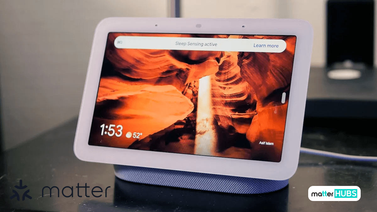 A Google Nest Hub 2nd Generation smart display showing home control icons.
